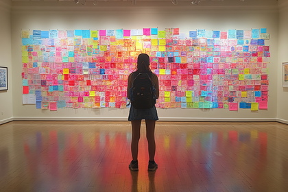 Girl Viewing Colorful Art Installation