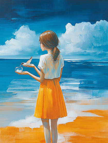Girl with Bird on the Beach