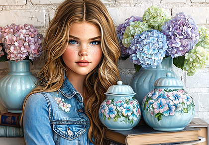Girl with Hydrangeas and Decorative Jars