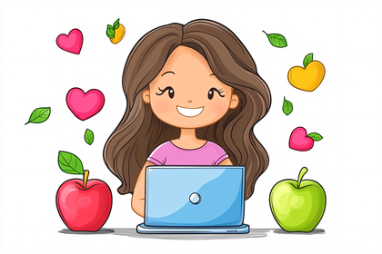 Girl With Laptop And Apples