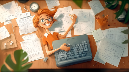 Girl With Laptop And Papers