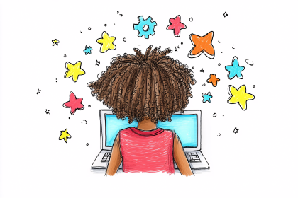 Girl with Laptop Surrounded by Stars