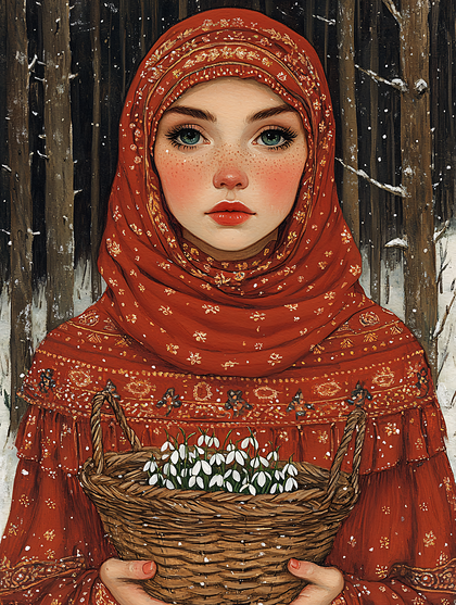 Girl with Snowdrops in a Red Dress