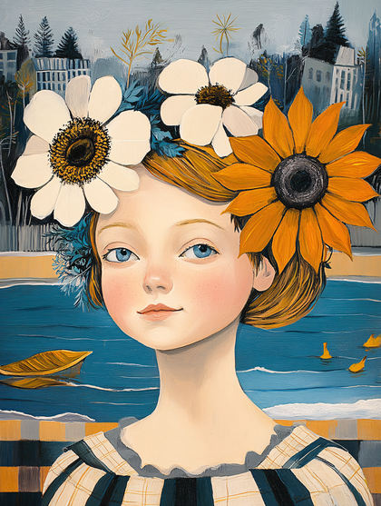 Girl With White And Yellow Flowers Crown Portrait Painting