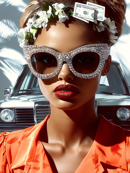 Glamorous Woman with Diamond Sunglasses and Dollar Bill Headband