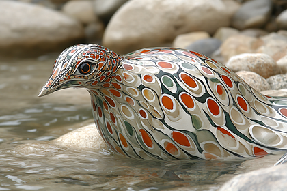 Glass Bird Sculpture on River Stones