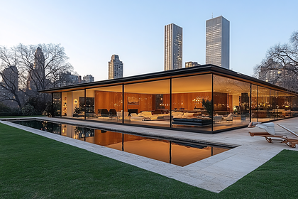 Glass House with Pool and City Skyline