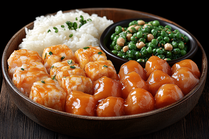 Glazed Chicken With Rice And Peas In Wooden Bowl