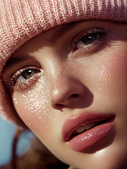 Glitter Makeup on Woman with Pink Beanie