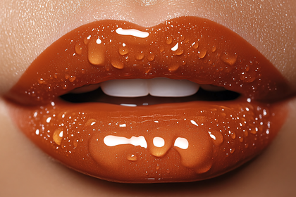 Glossy Orange Lips with Water Droplets