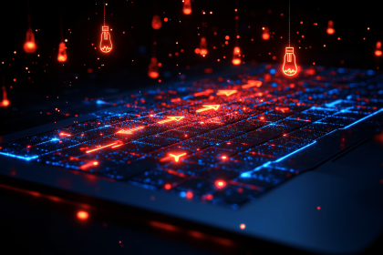 Glowing Arrows And Lightbulbs On Digital Grid