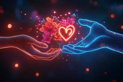 Glowing Hands Holding Floral Bouquet and Heart