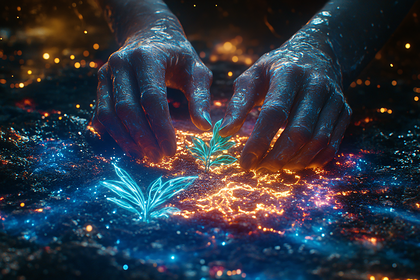 Glowing Hands Nurturing Plant