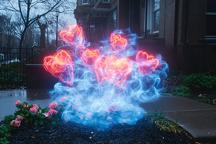Glowing Hearts On A Wet Sidewalk