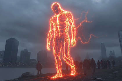 Glowing Humanoid Figure Overlooking Cityscape