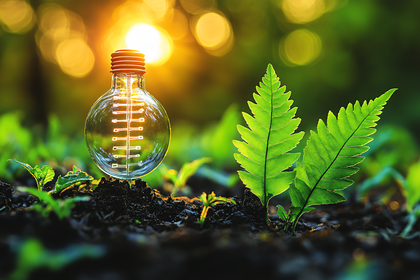 Glowing Light Bulb And Fern Sprout