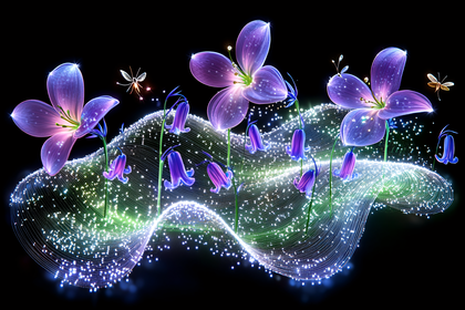 Glowing Lily and Bluebells with Fireflies