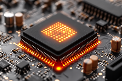 Glowing Microchip on Circuit Board