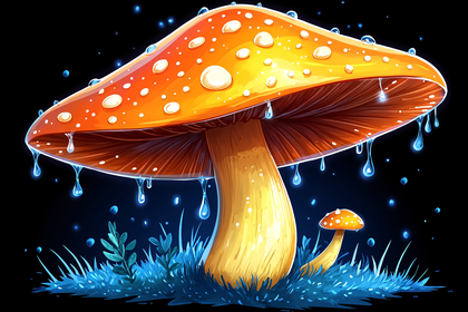 Glowing Mushroom with Water Droplets