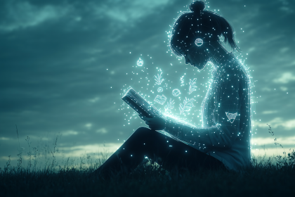 Glowing Reader in Digital Aura