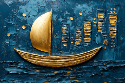 Golden Boat and Cityscape Oil Painting