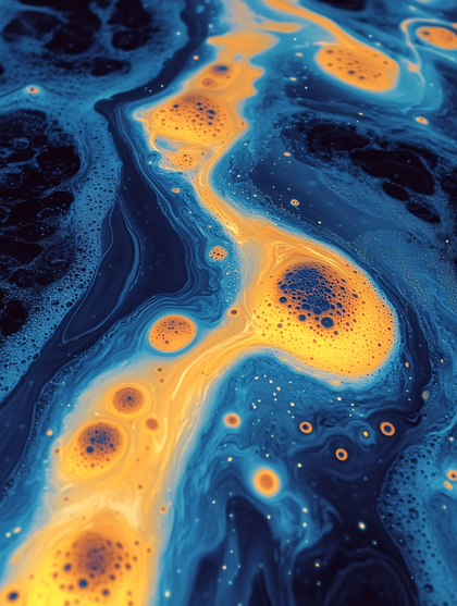 Golden Bubbles in Swirling Blue Fluid