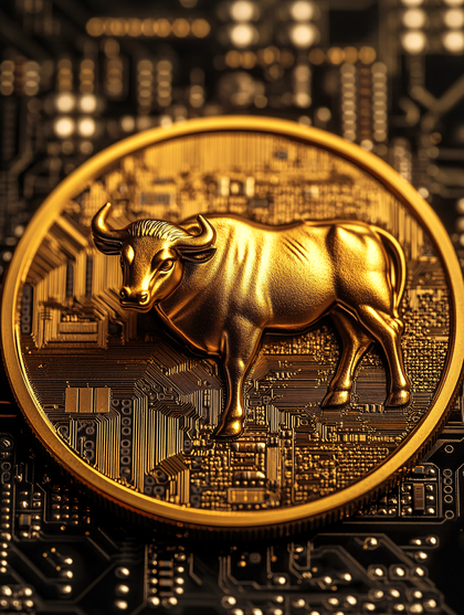 Golden Bull Coin on Circuit Board