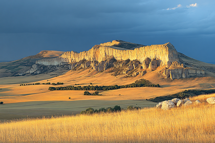 Golden Cliffs and Fields Under Dramatic Skies