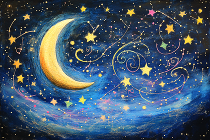 Golden Crescent Moon and Starry Night