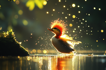 Golden Crested Duck Bathing
