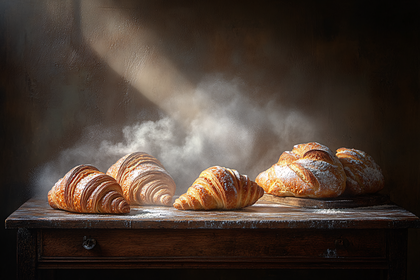 Golden Croissants and Rustic Bread on Wooden Table