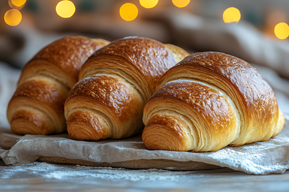 Golden Croissants on Wooden Surface