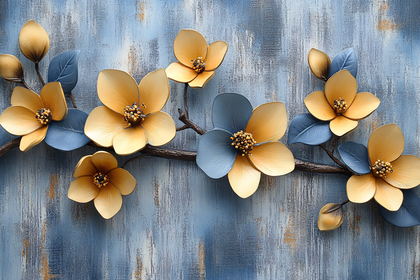 Golden Floral Branch on Blue Textured Background