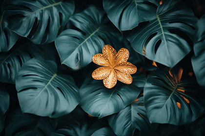 Golden Flower Among Teal Monstera Leaves