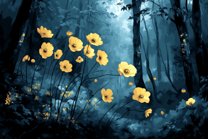 Golden Flowers in a Misty Forest