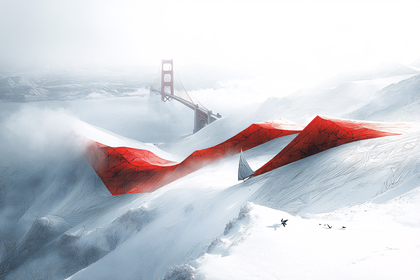 Golden Gate Bridge with Red Ribbon on Snow Mountains
