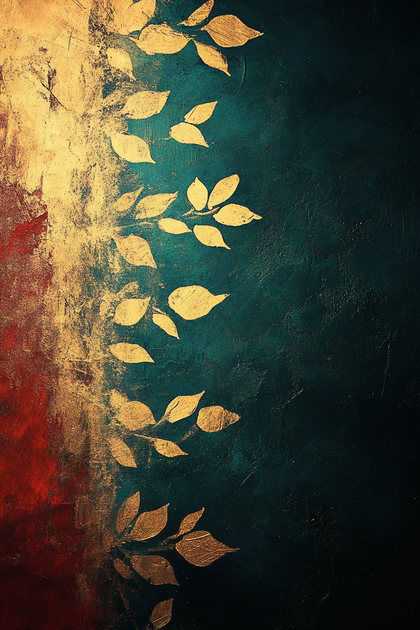 Golden Leaves Abstract on Dark Teal Background