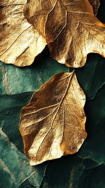 Golden Leaves On Dark Green Background