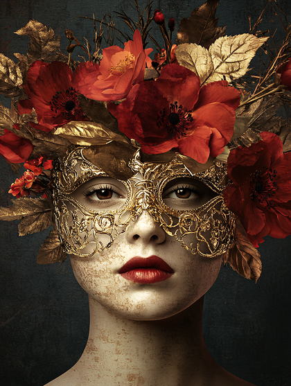 Golden Masked Woman With Floral Crown