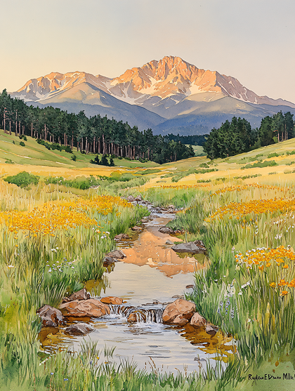 Golden Meadow Stream by Snowy Mountains