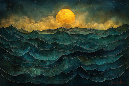 Golden Orb Over Teal Ocean Waves