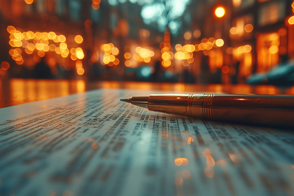 Golden Pen On Document At Night