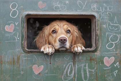 Golden Retriever Peeking Through Square Opening