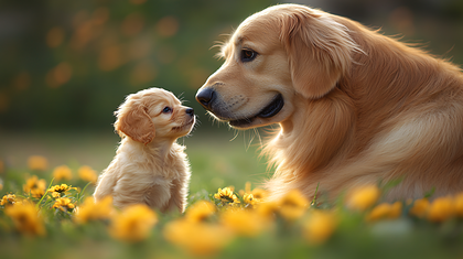 Golden Retriever Puppy And Adult Dog