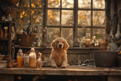 Golden Retriever Puppy and Bubbles