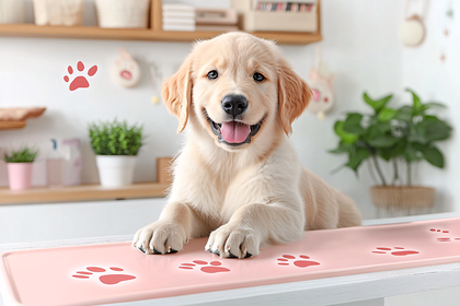 Golden Retriever Puppy On Pink Mat