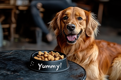 Golden Retriever With Dog Bowl