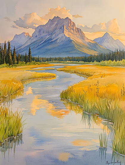 Golden River Mountain Landscape
