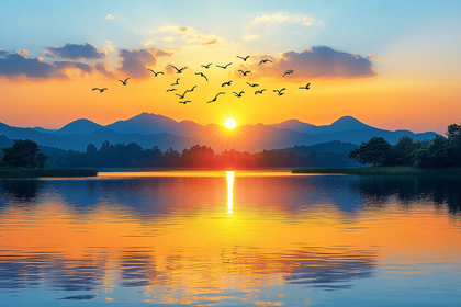 Golden Sunset Over Tranquil Lake
