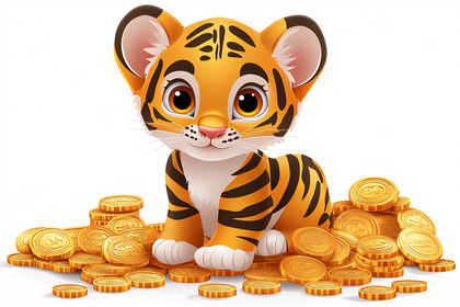 Golden Tiger Cub Sitting on Coins